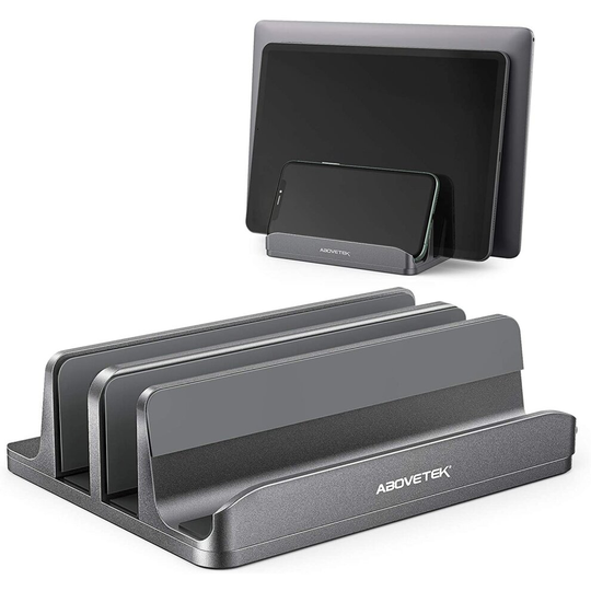 Vertical Laptop Stand - AboveTEK - 3 Slots for Computer, Tablet, Phone - Fits All Laptop Models (up to 17.3") - Heavy Duty Polished Aluminum