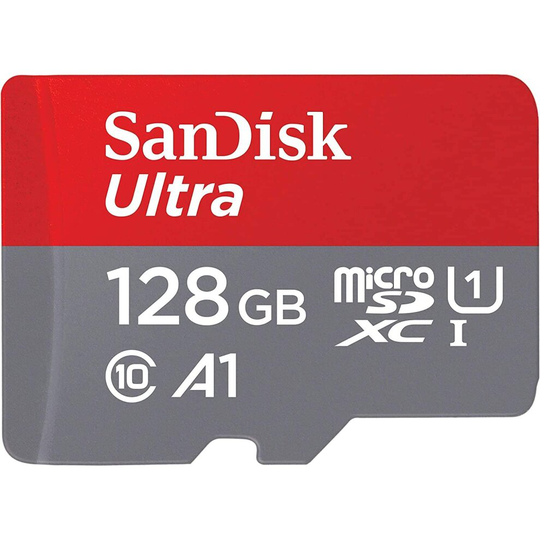 SanDisk Ultra 128 GB microSDXC Memory Card + SD Adapter with A1 App Performance Up to 120 MB/s, Class 10, U1, Red/Grey,SDSQUA4-128G-GN6MA