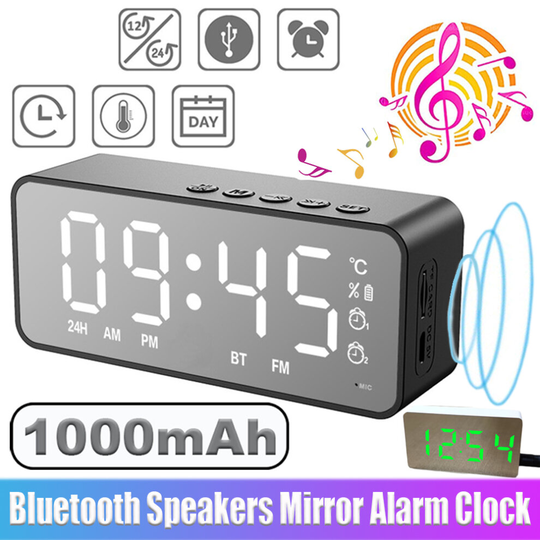 (Black) Digital LED Alarm Clock Mirror Bluetooth Speaker