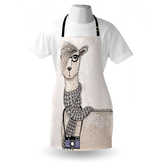 Llama with Camera Scarf and Glasses Hipster Animal on a Dotted Apron