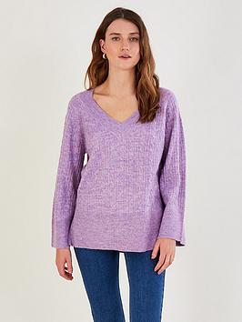 Monsoon V Neck Cable Longline Jumper, Purple, Size S, Women