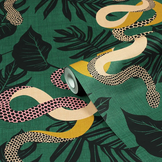 Furn. Serpentine Juniper Green Animal Printed Wallpaper
