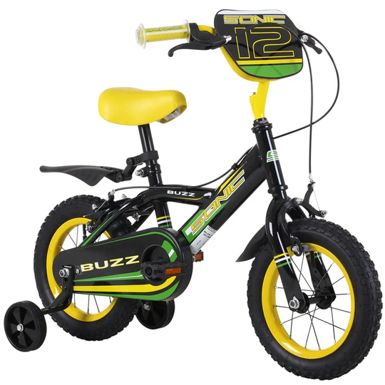 Sonic Buzz 12" Wheel Kids Bicycle Single Speed With Stabilisers - Black And Yellow