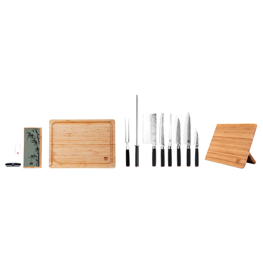 The Complete Set Deluxe Edition (C): 6 Knives (Paring Knife + Santoku + Gyuto + Fillet Knife + Bread Knife + Cleaver) + 5 Accessories (Magnetic Bambo