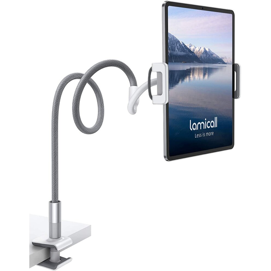 Lamicall Gooseneck Tablet Stand: Flexible Arm Clip Tablet Mount Compatible w/iPad Mini Pro Air, Switch, Galaxy Tabs... 4.7-10.5" Devices - Gray