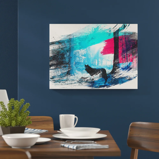 'Black Wolf in Blue Forest' Graphic Art Print Poster