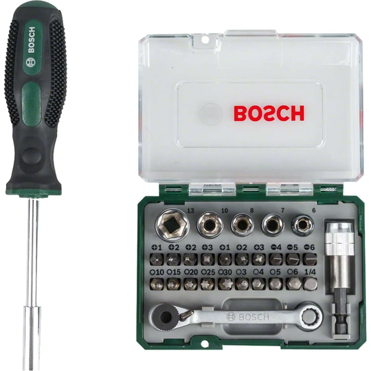 Bosch 28 Piece Ratchet Screwdriver Bit And Socket Set + Screwdriver Handle