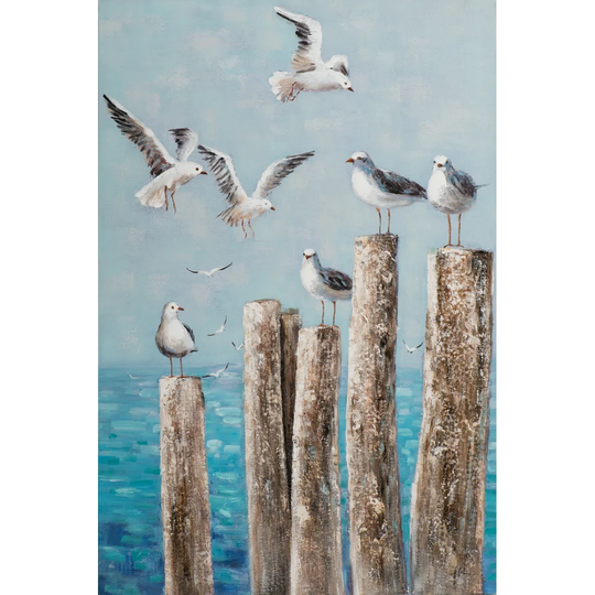 Seagulls on Wooden Posts - Painting Print on Canvas