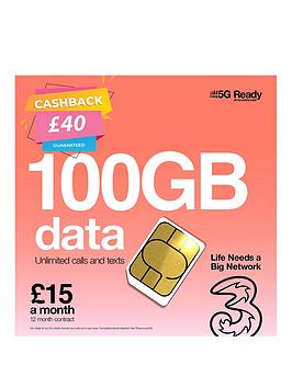 Three 100Gb Data, Unlimited Minutes And Texts 12 Month Sim Only Plan &Pound;15 Per Month