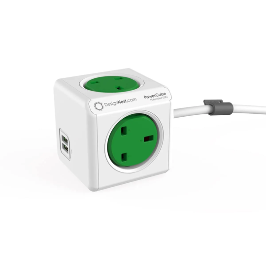 Allocacoc PowerCube Extended USB 4 Socket + 2 USB 1.5metre Extension Lead Adapter Outlet - Green