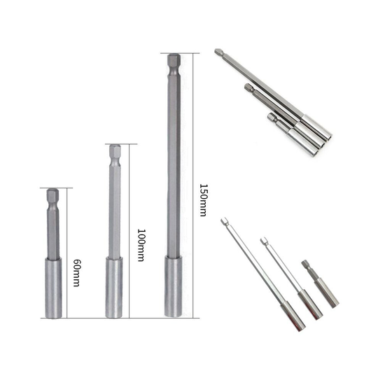 3Pcs Magnetic Bit Holder Set 60mm 100mm 150mm Extension Bars Crv 1/4" Hex Shank