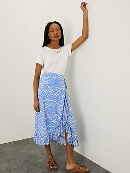 Monsoon Wrap Wave Print Midi Skirt, Blue, Size S, Women