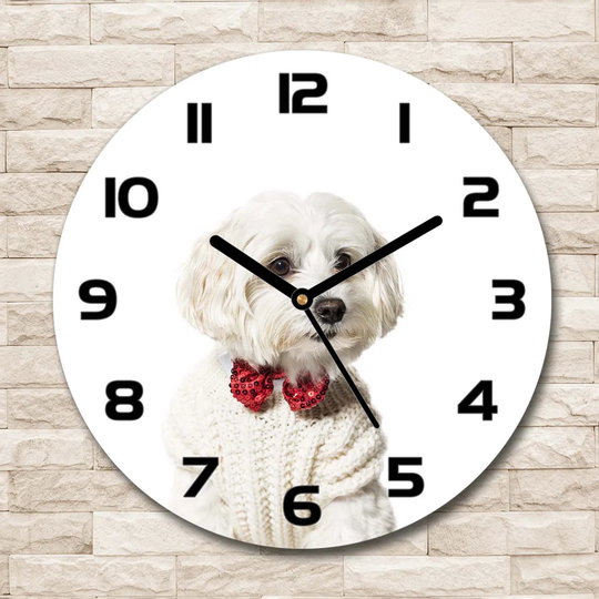 Glass Wall Clock 30Cm Round Decoration Picture Wall Art Modern Decoration Kitchen Living Room Silent - Maltese In A Bow Tie,190626474