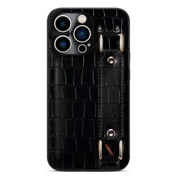 iPhone 14 Pro Coated Case with Hand Strap & Card Slot - Crocodile - Black