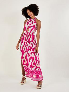 Monsoon Ikat Border Print Maxi Dress, Pink, Size S, Women