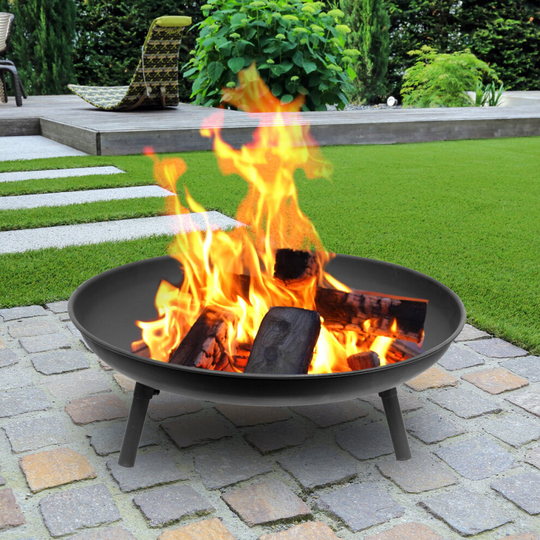 GardenKraft 10759 Round Black Iron Fire Pit / Garden & Patio Heater with Poker / Burns Wood, Charcoal & Other Solid Fuel / 60cm Diameter / Tripod Base