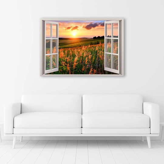 Canvas Print Window View Sunset Flowers Meadow