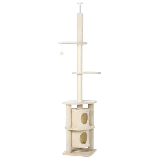 PawHut Ceiling Hanging Cat Activity Tree w/ House Perches - Beige