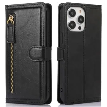 Zipper Pocket iPhone 14 Pro Wallet Case - Black