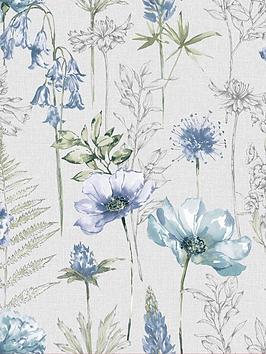 Fresco Floral Sketch Blue Wallpaper