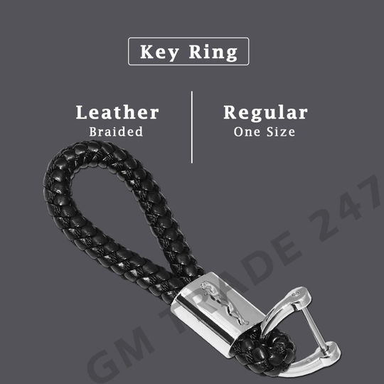 JAGUAR BRAIDED BLACK PU LEATHER METAL KEYRING KEYCHAIN CAR KEYS
