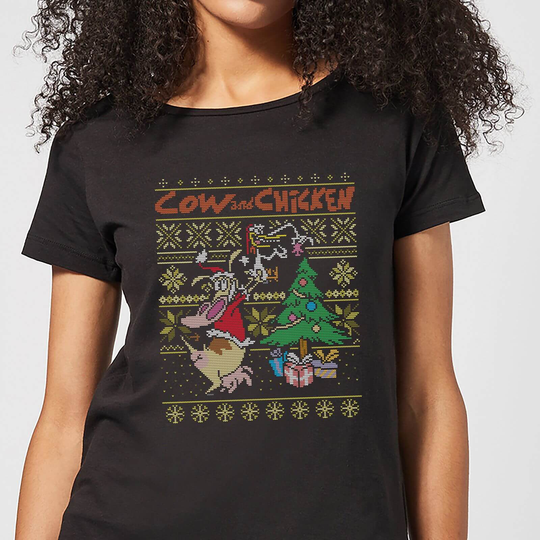 Cow and Chicken Cow And Chicken Pattern Women's Christmas T-Shirt - Black - S