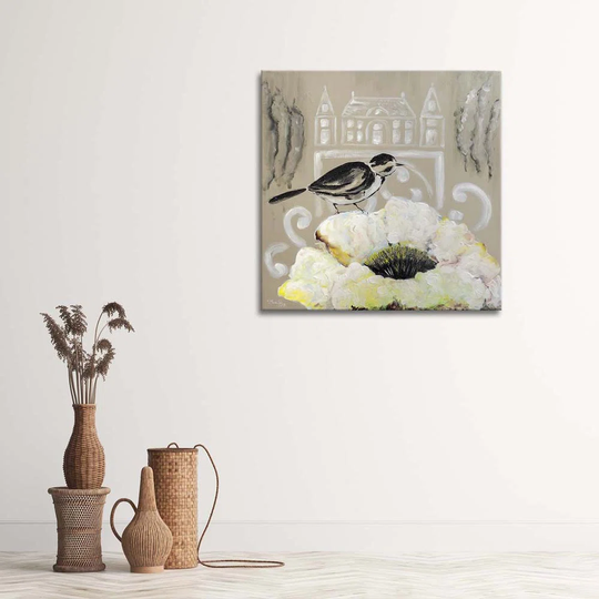 Canvas Print Flowers Bird Pastel Beige