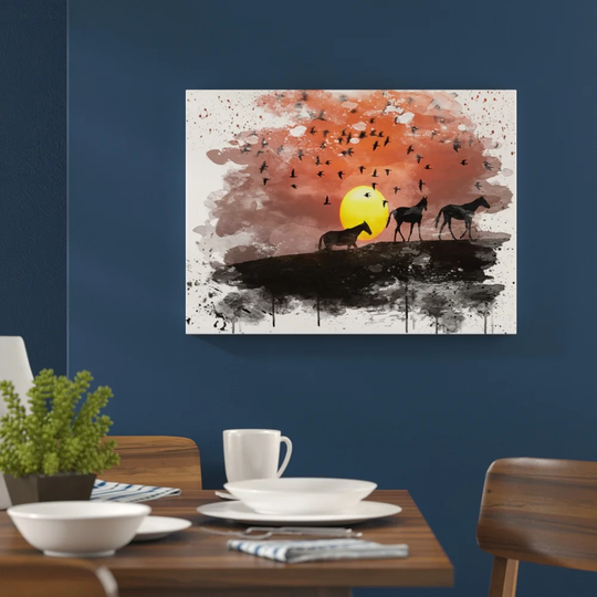 'Birds and Horses Sunset' Graphic Art Print Poster