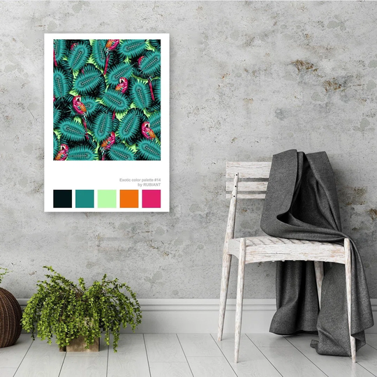 Poster, Parrots In Exotic Leaves