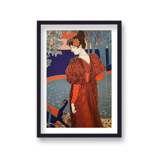 Vintage French Inspired Lady in Red Gown in Garden with Peacock by Vouvart - Picture Frame Graphic Art