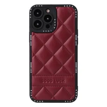 Good Luck Rhombic Grid iPhone 14 Pro Hybrid Case - Wine Red