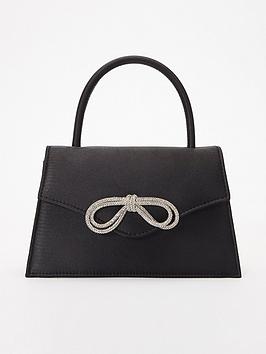 Quiz Satin Diamante Bow Mini Tote Bag, Black, Women
