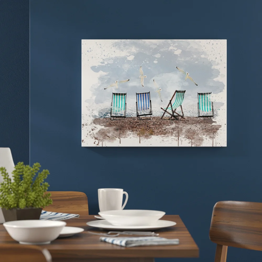 'Seascape Deckchairs Brighton Beach Seagulls' Graphic Art Print Poster