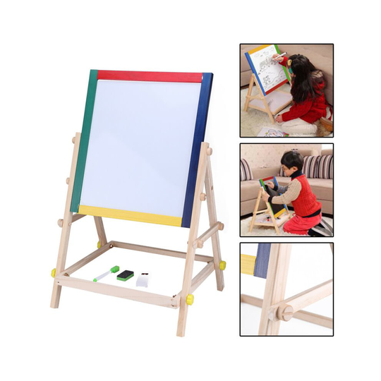 KIDS CHILDRENS WOODEN 2 IN 1 BLACKBOARD & WHITEBOARD DRAWING BOARD