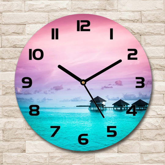 Glass Wall Clock 30Cm Round Decoration Picture Wall Art Modern Decoration Kitchen Living Room Silent - Bungalows Above The Water,55594381