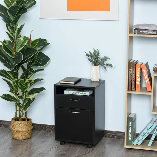 60Cm Storage Cabinet W/Drawer Open Shelf Metal Handles 4 Wheels Office Home Organiser Mobile Printer Black
