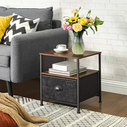 Nightstand, Bedside Table With Storage, Fabric Drawer Dresser, End Table With 2 Shelves, Industrial Style, For Living Room, Bedroom, Rustic Brown And