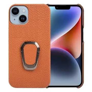 iPhone 14 Leather Coated Case with Ring Holder - Brown