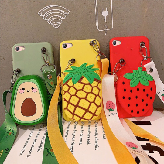 (Pineapple, for iPhone 7/8) Avocado Strawberry Silicone Coin Purse Phone Case Cover for iPhone XS 11 Pro Max
