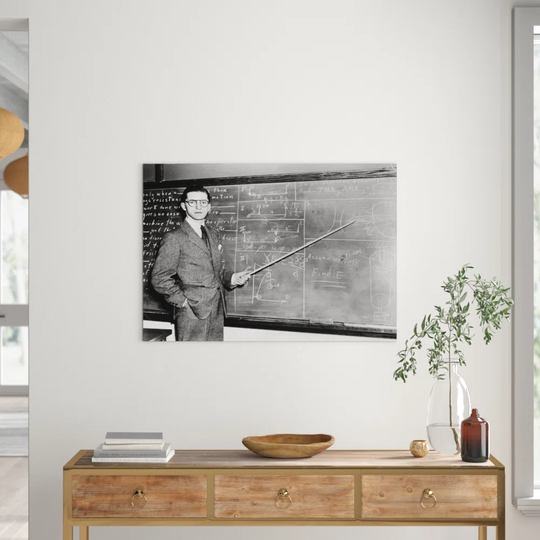 1930S Man Teacher Looking at Camera With Pointer at Blackboard - Painting Print