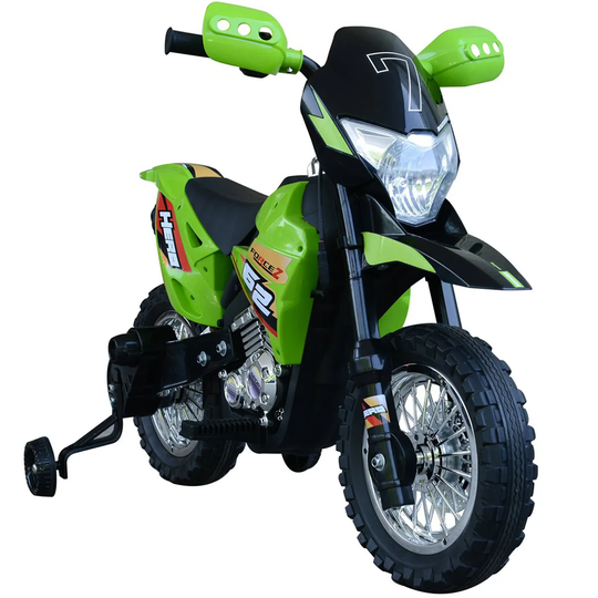Reiten Kids Ride On Motorcycle 6V with Training Wheels, Lights, Music & Horn - Green
