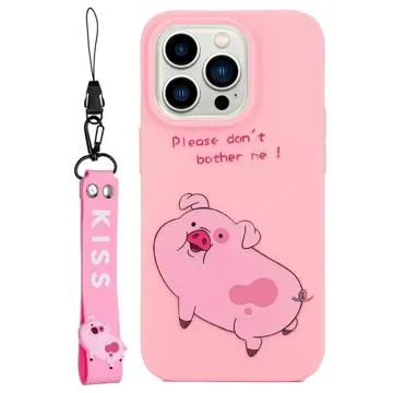 Kiss Series iPhone 14 Pro TPU Case with Strap - Pig