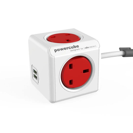 Allocacoc PowerCube Extended USB 4 Socket + 2 USB 1.5metre Extension Lead Adapter Outlet - Red