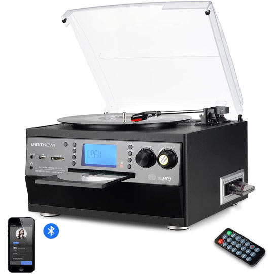 DIGITNOW! Bluetooth Vinyl Record Player Turntable, CD, Cassette, AM/FM Radio and Aux in with USB Port & SD Encoding Built-in stereo speaker