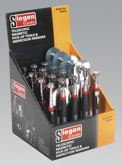 Siegen S0946 Telescopic Magnetic Pick-Up Tools & Inspection Mirrors Display