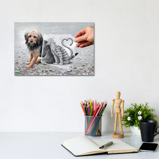Pencil vs. Camera 58 - Cat and Dog by Ben Heine - Wrapped Canvas Photograph