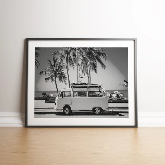 Beachside Surfer Camper Van B&W by Vouvart - Picture Frame Photograph