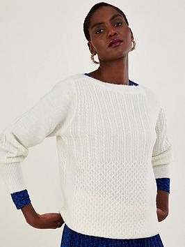 Monsoon Supersoft Patch Stitch Tunic Jumper - White, White, Size S, Women