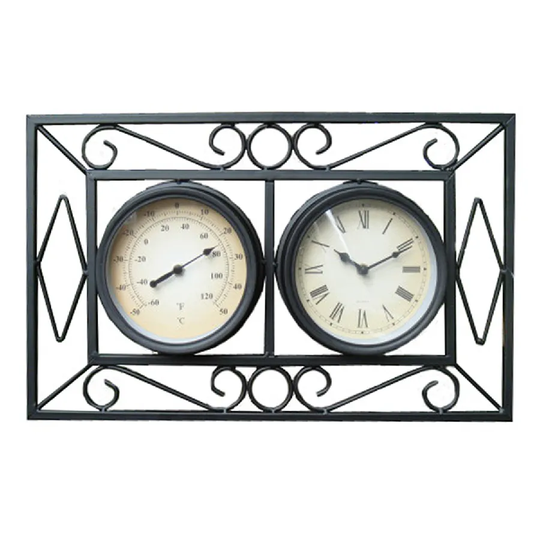 Charles Bentley Ornate Metal Wall Mounted Clock with Thermometer - Black