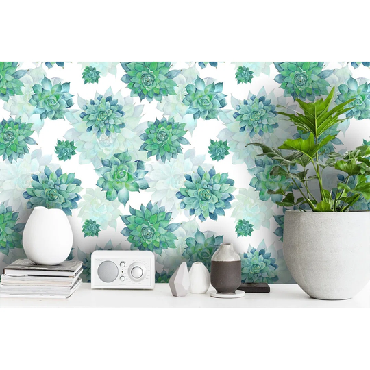 Aristoula Turquoise Succulent Wallpaper